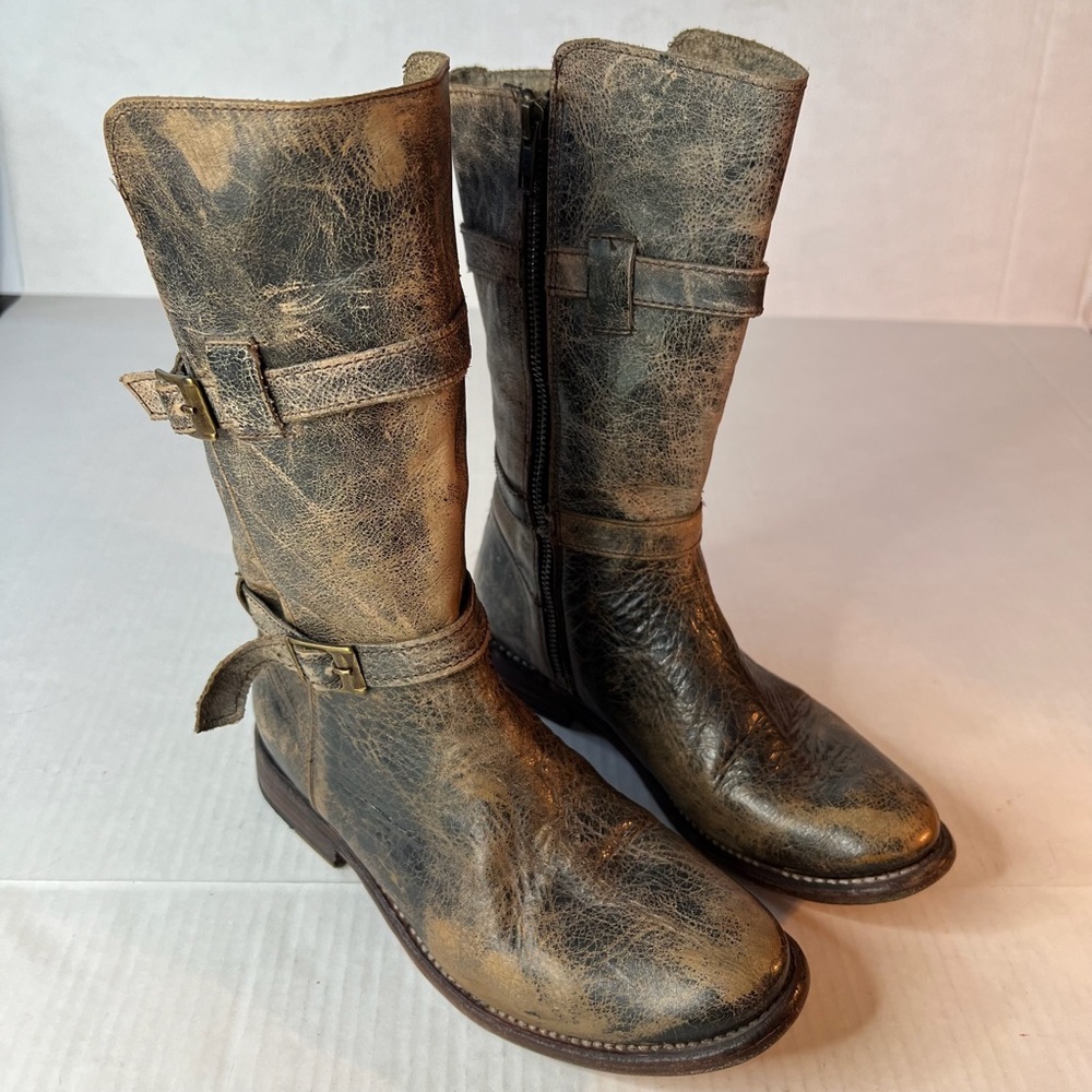 Bed Stu Distressed Metallic Brown Mid-Calf Combat Boots - Picture 2 of 13
